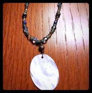 Necklace blue multi silver & seashell medallion